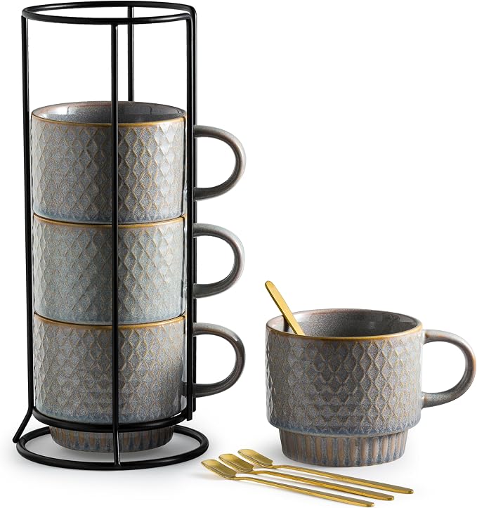 Gomakren Coffee Mugs Set of 4, 13 Ounce Stackable Coffee Mugs by Gomakren