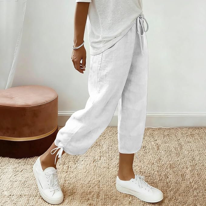 Linen Capri Pants for Women Drawstring Elastic Wide Leg Trouser 2026 Summer - Image 3