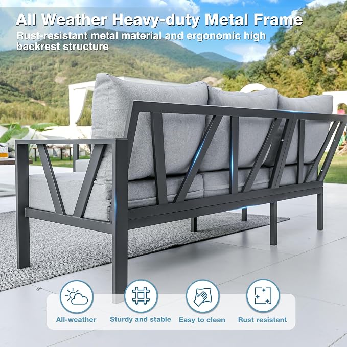 Outdoor Furniture Set, 6 Pieces Outdoor Couch Sectional, L Shaped Metal Patio - Image 4