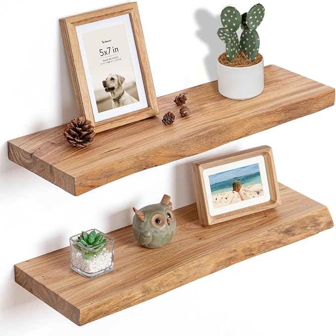 Fun Memories 24Inch Floating Shelves Set of 2, Rustic Solid Elm Wood Live Edge by FunMemories