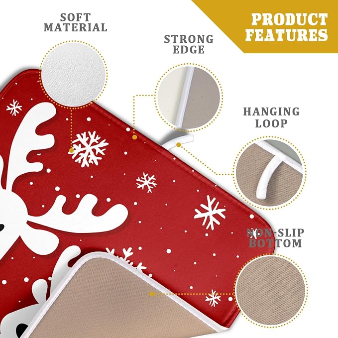 Christmas Reindeer Dish Drying Mats 16x18 Inch, Xmas Funny Deer Red Absorbent - Image 4