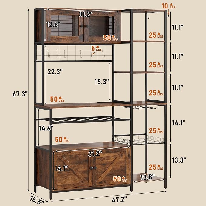 67 in Tall Bakers Rack with Power Outlet & LED Light, Coffee Bar Cabinet with 2 - Image 2