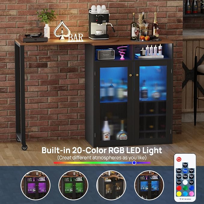 Home Bar Unit with Charging Station & Lights & Storage Mini Corner Bar Table - Image 6