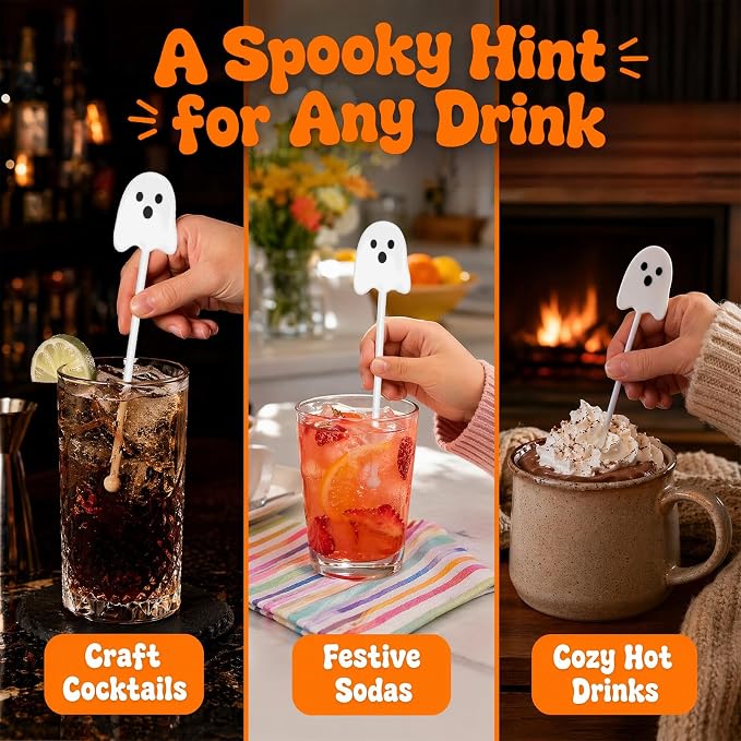 36 Pcs Halloween Drink Stirrers, Ghost Cocktail Sticks - Image 3