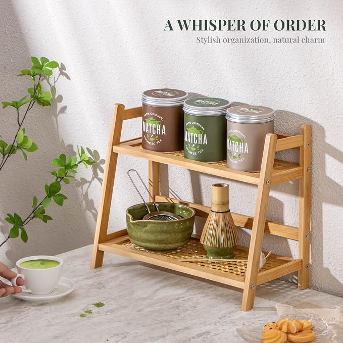 ANBOXIT Rattan-Look Matcha Station Organizer, Countertop Bamboo Tea & Coffee - Image 3