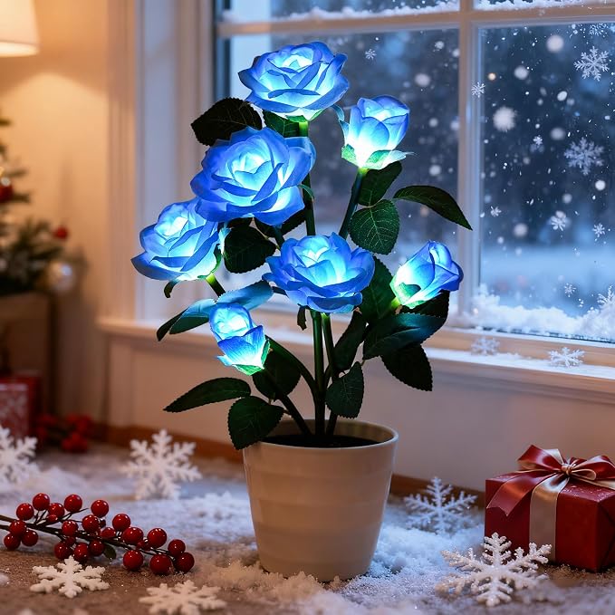 Artificial Blue Rose Flower Lamp LED Lights, Flower Table Lamp by Hibeauti