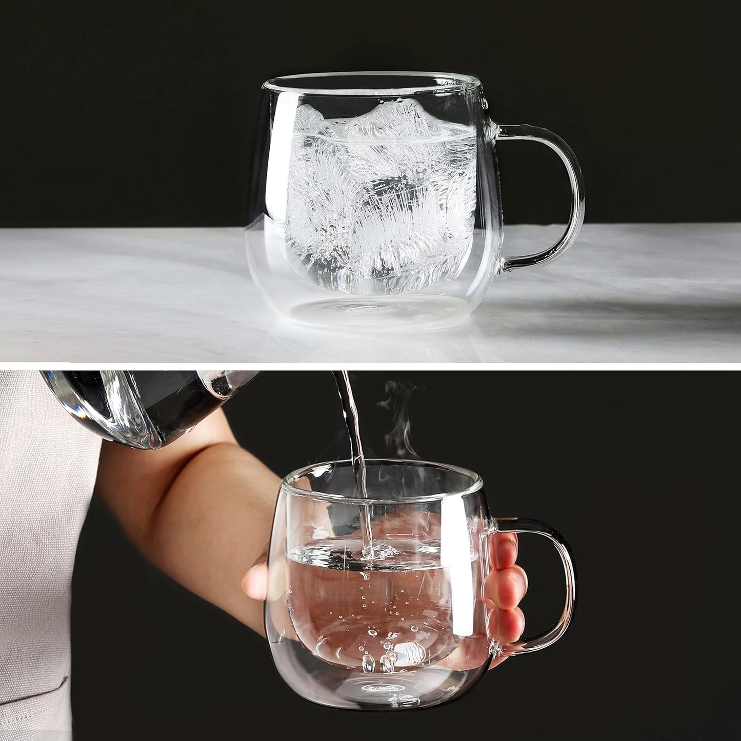 CNGLASS 16oz Double Walled Glass Coffee Mugs(2-pack),Large Clear Coffee Cups with Handle,Glass Espresso Mugs for Latte,Cappuccino,Tea