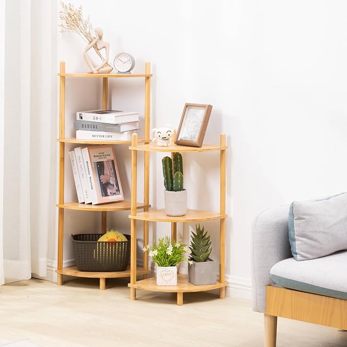 3-Tier Expandable Bamboo Corner Shelf Stand, Corner Bookshelf, Display Storage - Image 3