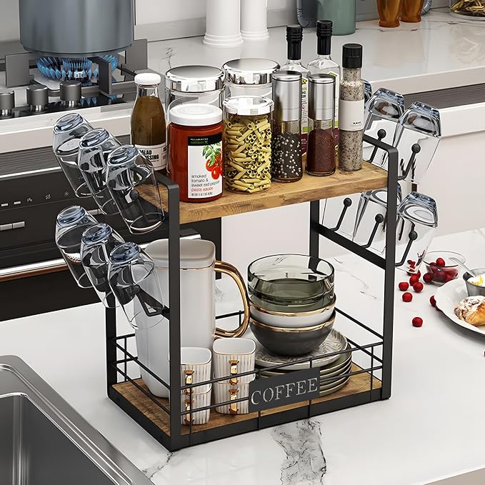 Coffee Mug Rack with 12 Hooks, 2-Tier Coffee Bar Organizer with Shelf & Storage - Image 7