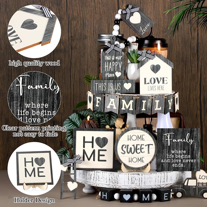 Mifoci 18 Pcs Farmhouse Tiered Tray Decor Home Wooden Signs Rustic Home Tiered - Image 4