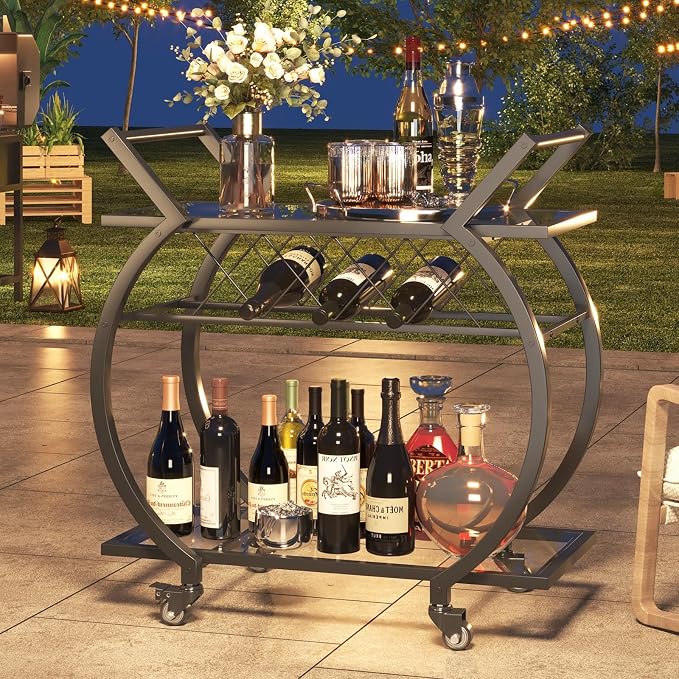 LVB Bar Cart with Glass, Home Bar Serving Cart with 2 Tier Storage Glass Shelves - Image 6