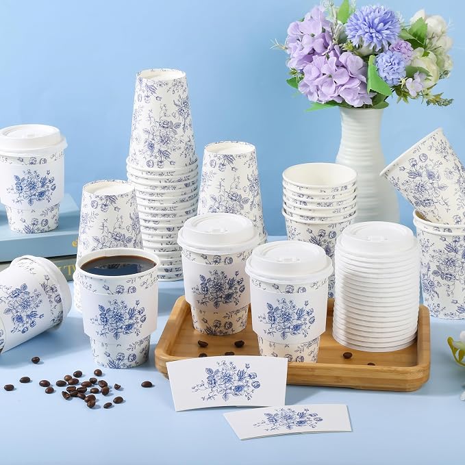 50Pcs Blue Floral Disposable Paper Coffee Cups - Image 4