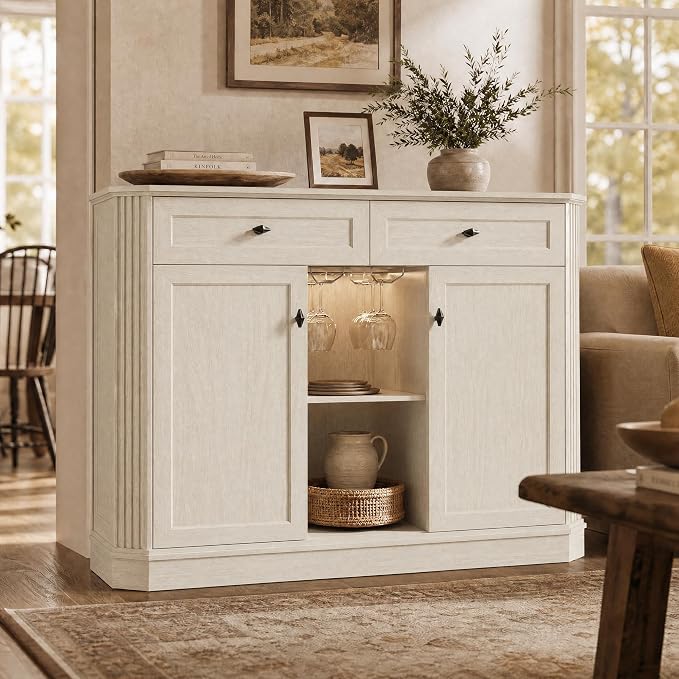 White Coffee Bar with 2 Drawers & 2 Doors, LED Wine Bar Cabinet with Wine - Image 9