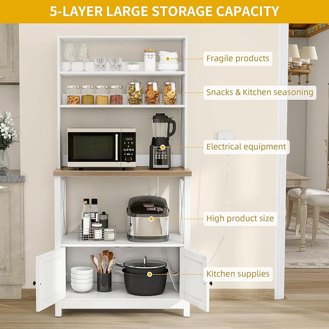 DWVO White Baker Rack with Power Outlet and Storage, Farmhouse Microwave Stand - Image 3