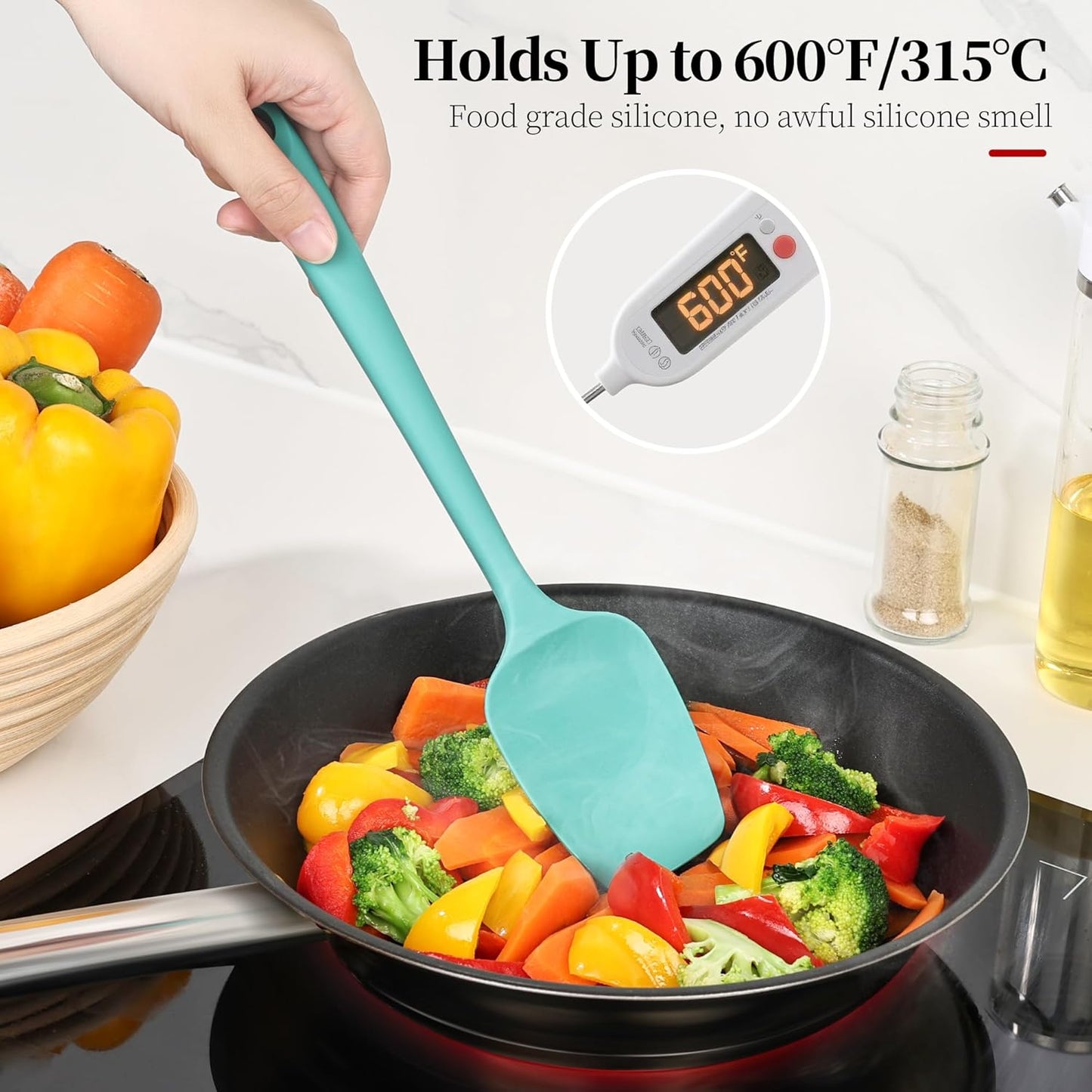 600ºF Heat Resistant Spatula, 11.34 inch High Heat Food Safe Semless Kitchen Silicone Spoon Spoonula Scraper for Cooking Baking Mixing Scraping Stirring Nonstick Cookware Pan Bowl (Turquoise)