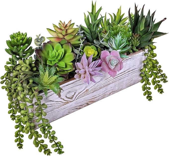 Winlyn 19 Pcs Assorted Artificial Succulents in Rectangular Wooden Pot - Image 7