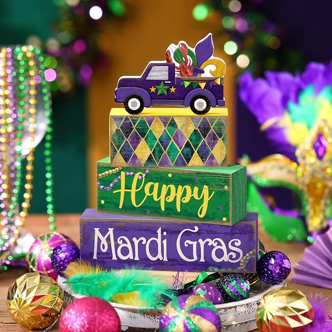 Lineshading 4 Pcs Mardi Gras Decorations Mardi Gras Table Centerpieces Wooden - Image 2