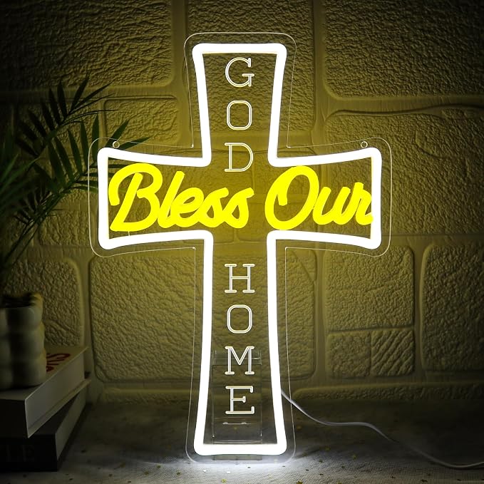 God Bless Our Home Neon Sign for Wall Decor Dimmable Jesus Cross Led Sign for by Unknown