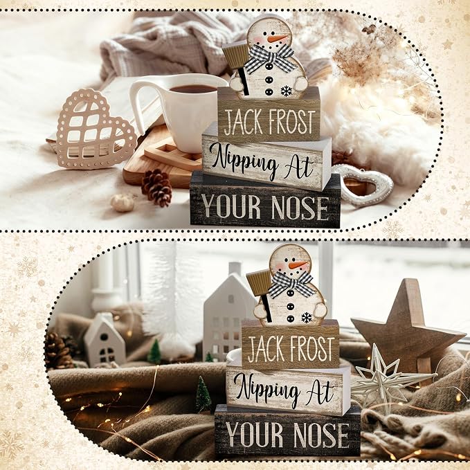 Moucuny 4 Pcs Winter Table Decor Wooden Snowman Black and White Winter Tiered - Image 6