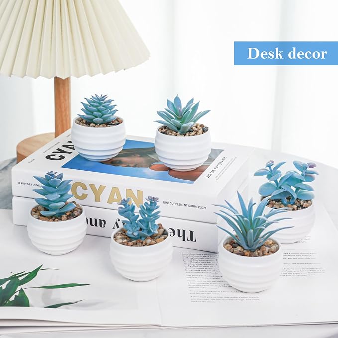 Der Rose 6 Pack Blue Succulents Plants Artificial in Pots Small Fake Plants - Image 2