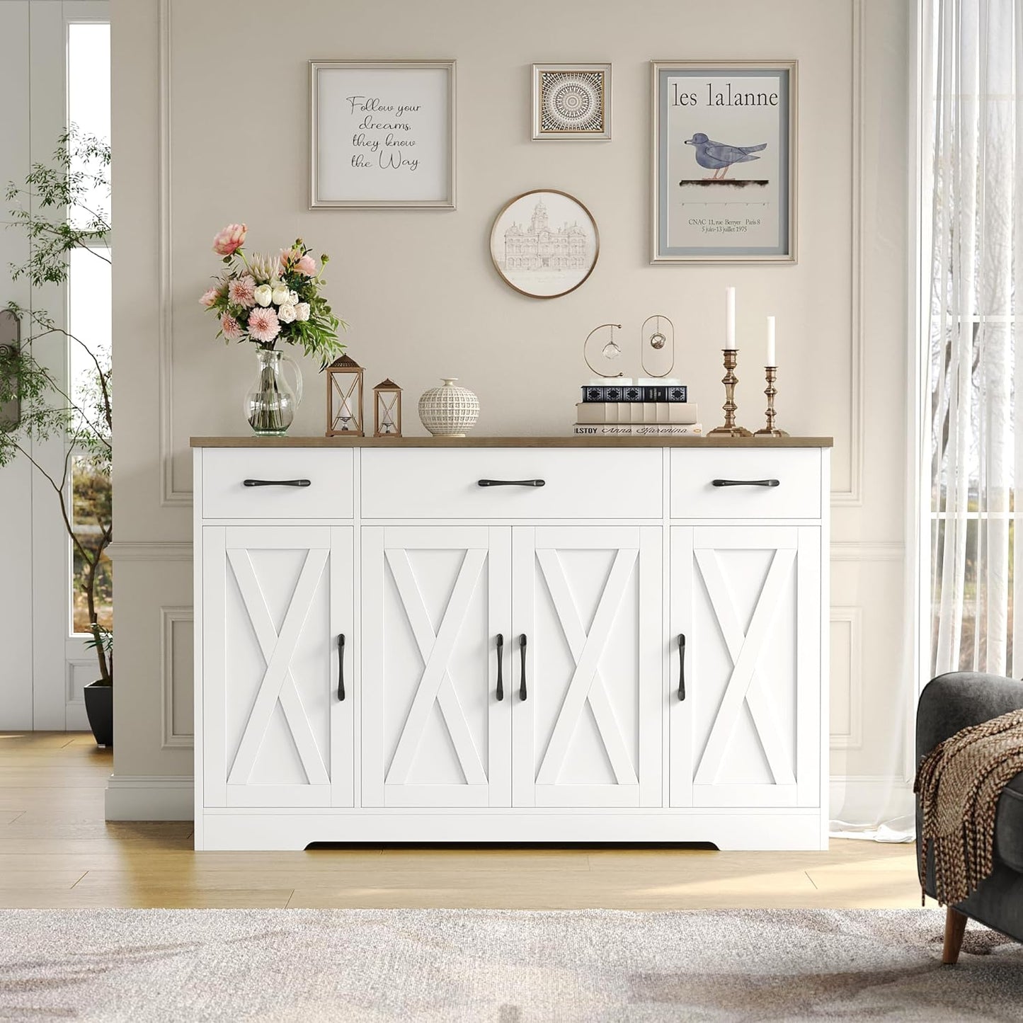 HOSTACK Buffet Cabinet with Drawers, 55" Large Sideboard Buffet Storage Cabinet with Shelves and Doors, Modern Farmhouse Coffee Bar Station Wood Kitchen Table for Kitchen, Dining Room, White/Rustic