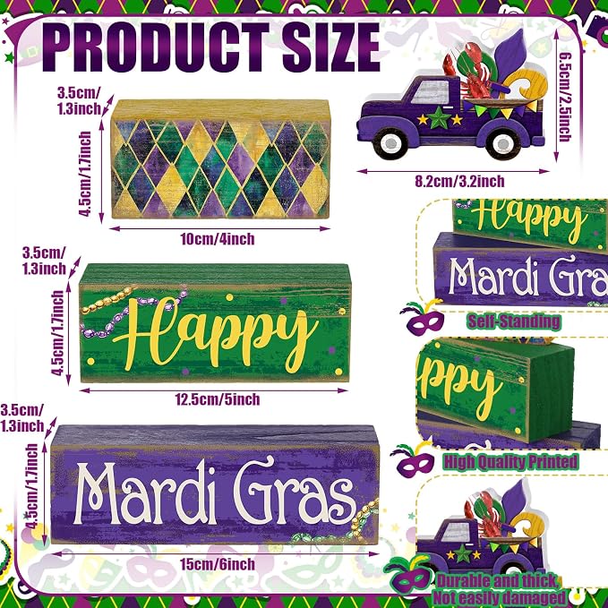 Lineshading 4 Pcs Mardi Gras Decorations Mardi Gras Table Centerpieces Wooden - Image 3
