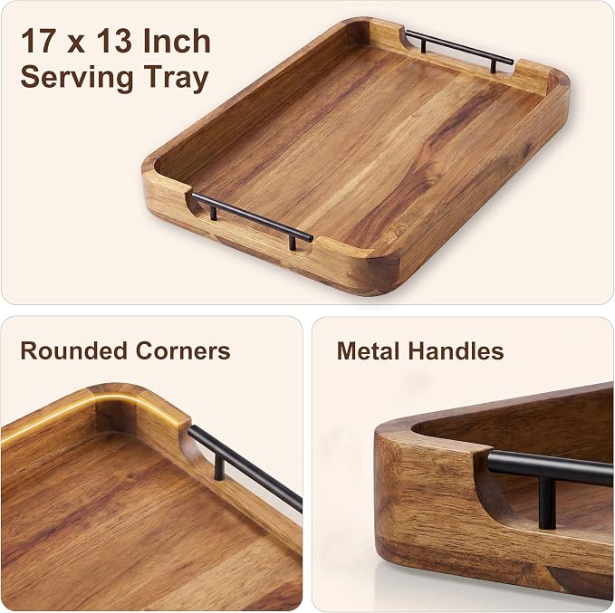 ZUJJAFY Serving Tray with Metal Handles, 17 x 13 in Acacia Wood Tray - Image 3