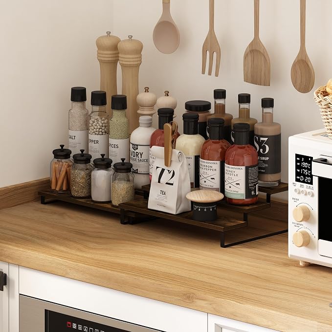 Furinno Ravel Expandable Kitchen Countertop Organizer Set of 2, 3-Tier Rustic by Furinno-FitsYourSpaceFitsYourBudget