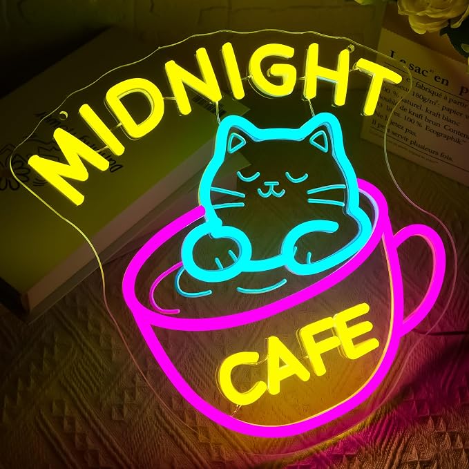 Midnight Coffee Cat Neon Sign for Wall Decor Dimmable Cafe LED Light Sign for - Image 2
