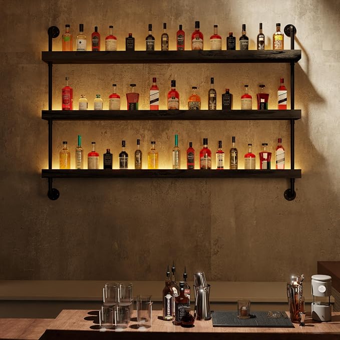 Wall Mounted Wine Rack with LED Light, LED Industrial Pipe Liquor Bar Shelves - Image 7