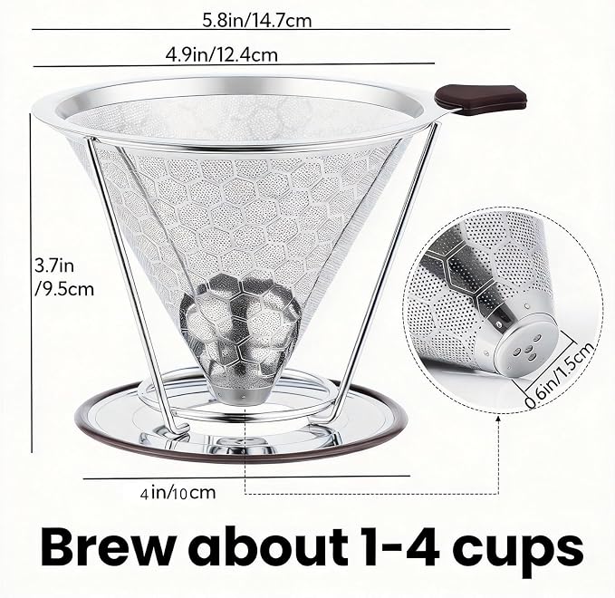 Vikuces®800 Mesh Reusable Pour Over Coffee Dripper, Metal Stainless Steel - Image 6