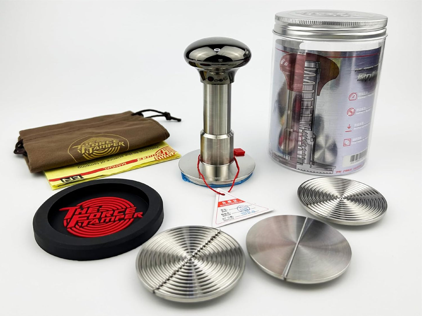 The Force Tamper Automatic Impact Adjustable Constant Pressure and Autoleveling Coffee Tamper Black Mirror Jellyfish AL Handle Set Pro (Duo-Distribute Set, 53.50mm)