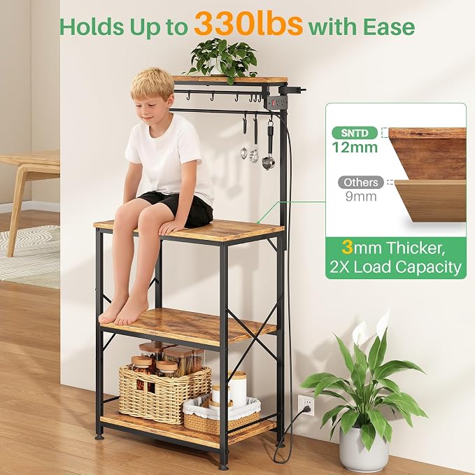 SNTD Bakers Rack with Power Outlet, Kitchen Shelves Microwave Stand with Wire - Image 7