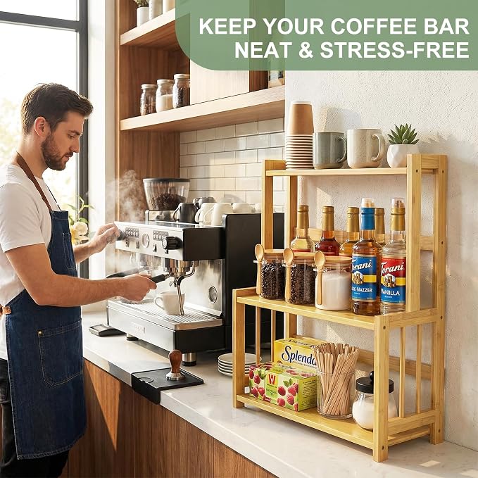 Countertop Coffee Station Organizer, 3 Tier Bamboo Shelf - Image 2