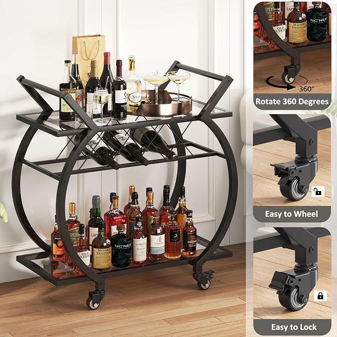 LVB Bar Cart with Glass, Home Bar Serving Cart with 2 Tier Storage Glass Shelves - Image 4