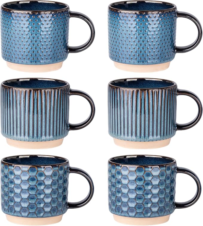 GBhome 12 OZ Stackable Coffee Mugs Set of 6, Ceramic Coffee Cups by GBhome