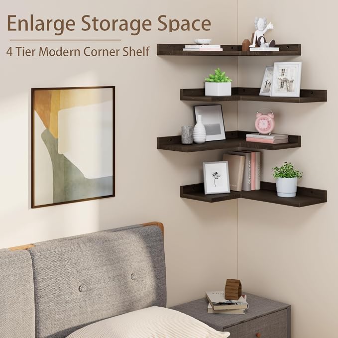 Floating Corner Shelves Set of 4, Rustic Pine Wooden Floating Corner Wall Shelf - Image 4