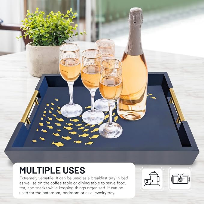 Navy Serving Tray with School of Golden Fish Design Gothic Ottoman Tray - Image 5