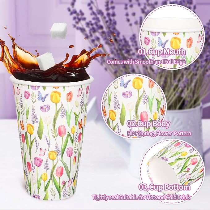 Whaline 50 Pcs Spring Tulip Floral Disposable Coffee Cups - Image 3