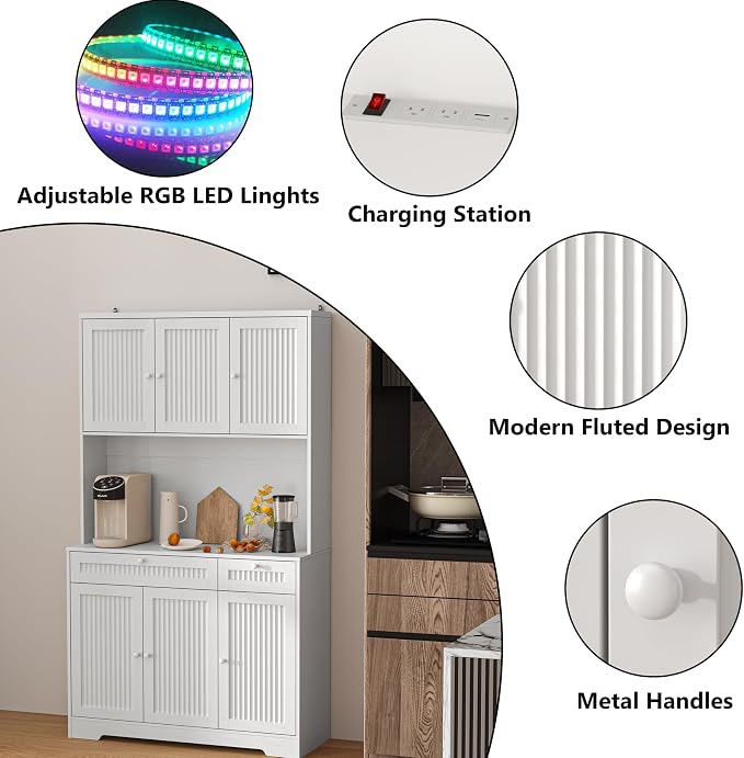 Pantry Storage Cabinet with Charging Station, Kitchen Storage with Adjustable - Image 9