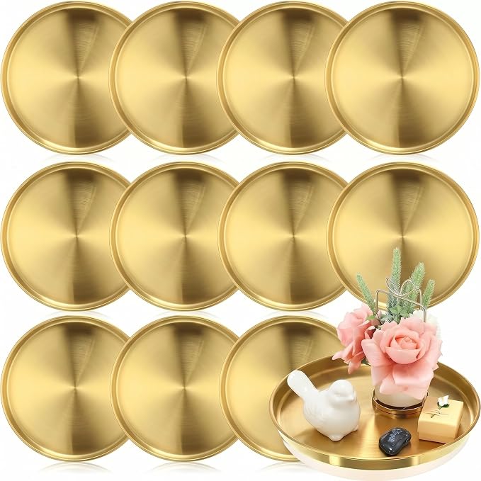 Thenshop 12 Pcs Gold Round Serving Tray Stainless Steel Circle Decorative by Thenshop