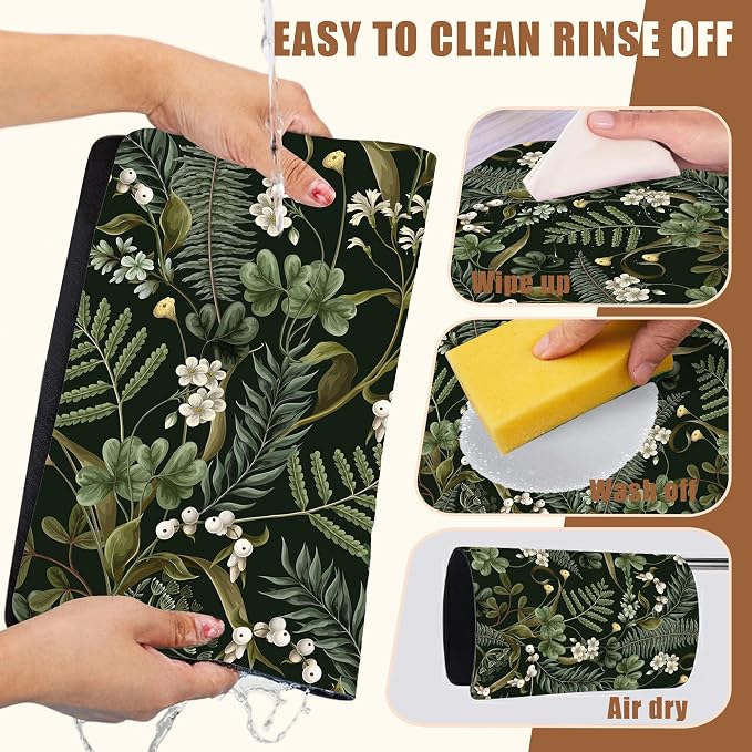 White Flowers and Berries Coffee Mat Fern and Leaves Dish Drying Mat Absorbent - Image 5