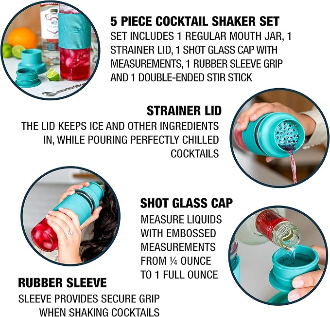 Masontops Cocktail Shaker Set – Glass Mason Jar Drink Shaker – 4 PC Set - Image 3