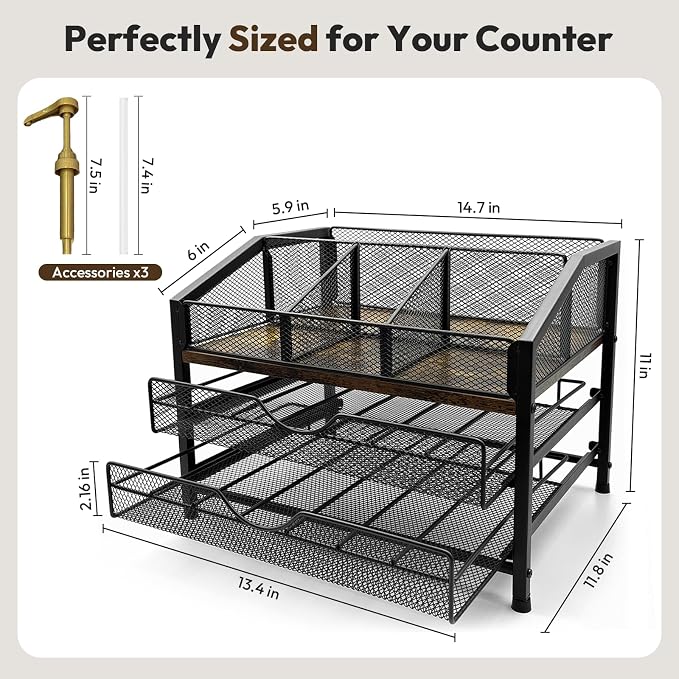 Coffee Bar Organizer with 3 Syrup Pumps, 3-Tier Coffee Station Organizer - Image 4