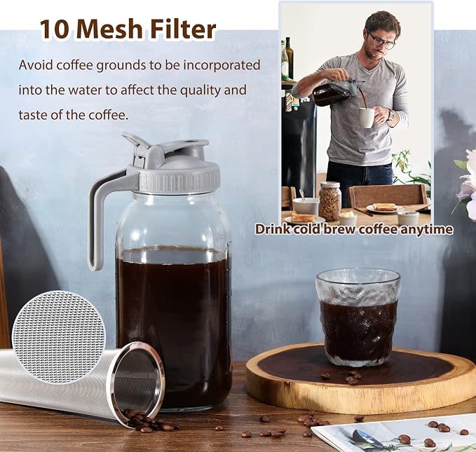 Cold Brew Coffee Maker Pitcher, 64 Oz Heavy Duty Wide Mouth Glass Mason Jar - Image 4