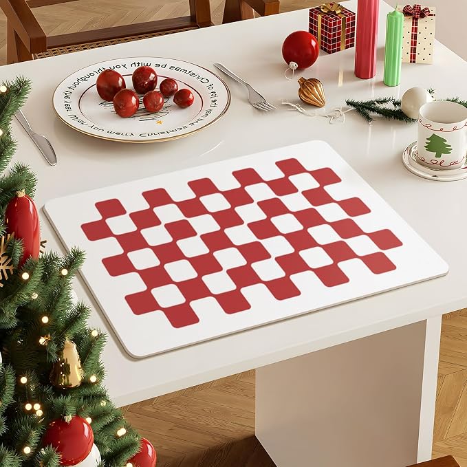 Red Dish Drying Mat Hide Stain Coffee Bar Mat Fast Dry Modern Checkered Kitchen - Image 8