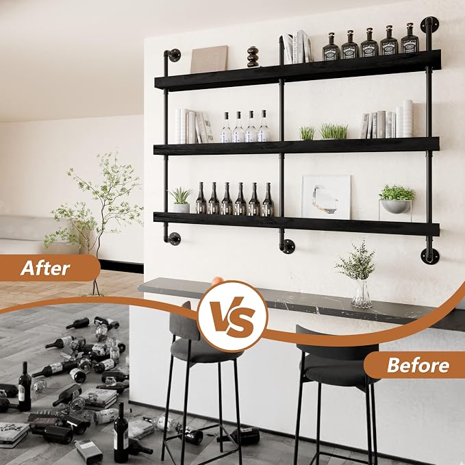 Wall Mounted Wine Rack with LED Light, LED Industrial Pipe Liquor Bar Shelves - Image 4