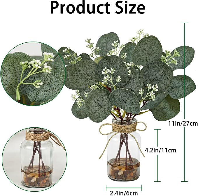 2 Pack Artificial Eucalyptus Stems in Glass Vases, Small Faux Plants - Image 2