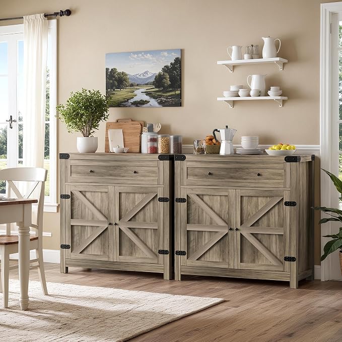 YESHOMY Coffee Bar and Accent Cabinet, Farmhouse Barn Door Buffet Sideboard - Image 4