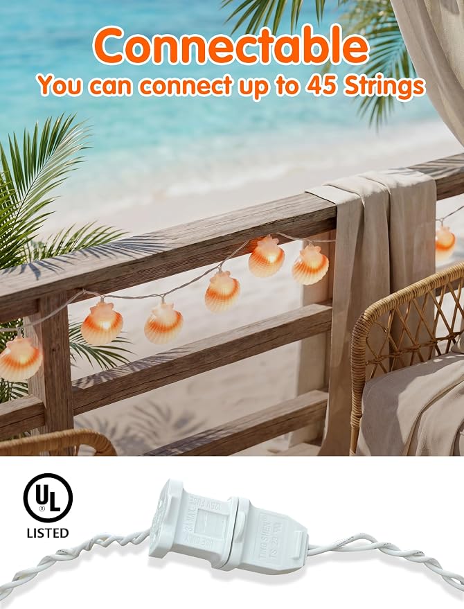 SUNSGNE 8.5FT LED Summer Seashell String Lights, 10 Textured Translucent Shell - Image 5